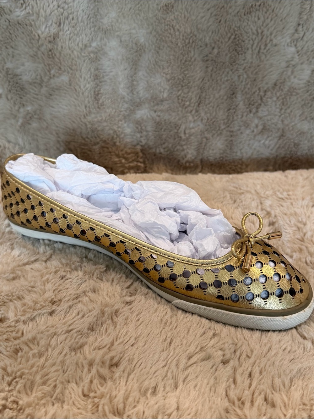 Tory Burch Skyler Ballerina Trainers Metallic Gold Perforated Leather - Picture 7 of 10